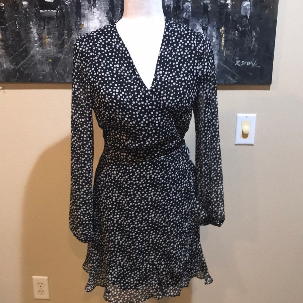 All in Favor Black and White Polkadot Sheer Wrap with Lining Midi Dress-Size M